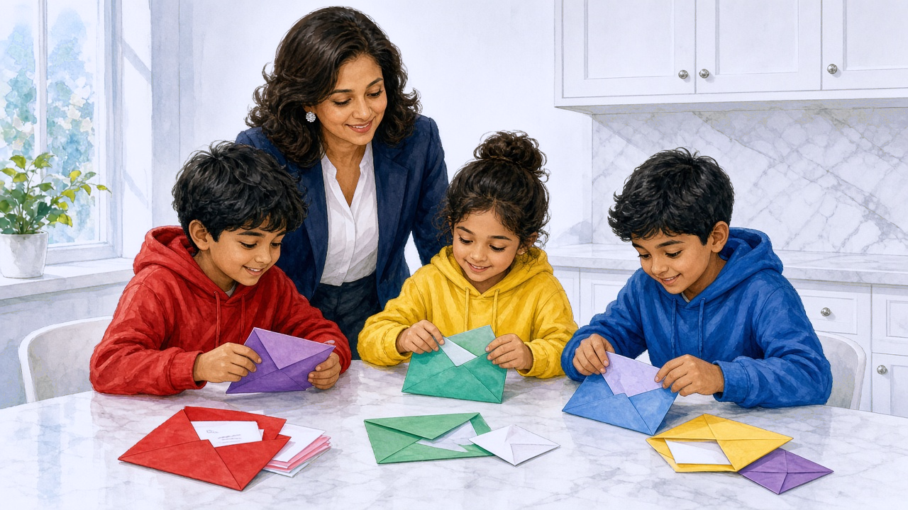 A family sitting together opening colorful letters and smiling