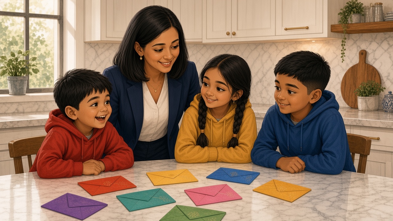 A family sitting together opening colorful letters and smiling