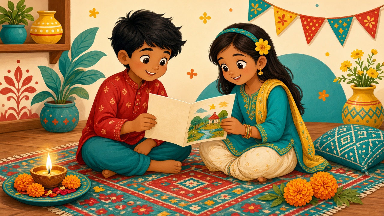 Two children sitting on a rug sharing a story together